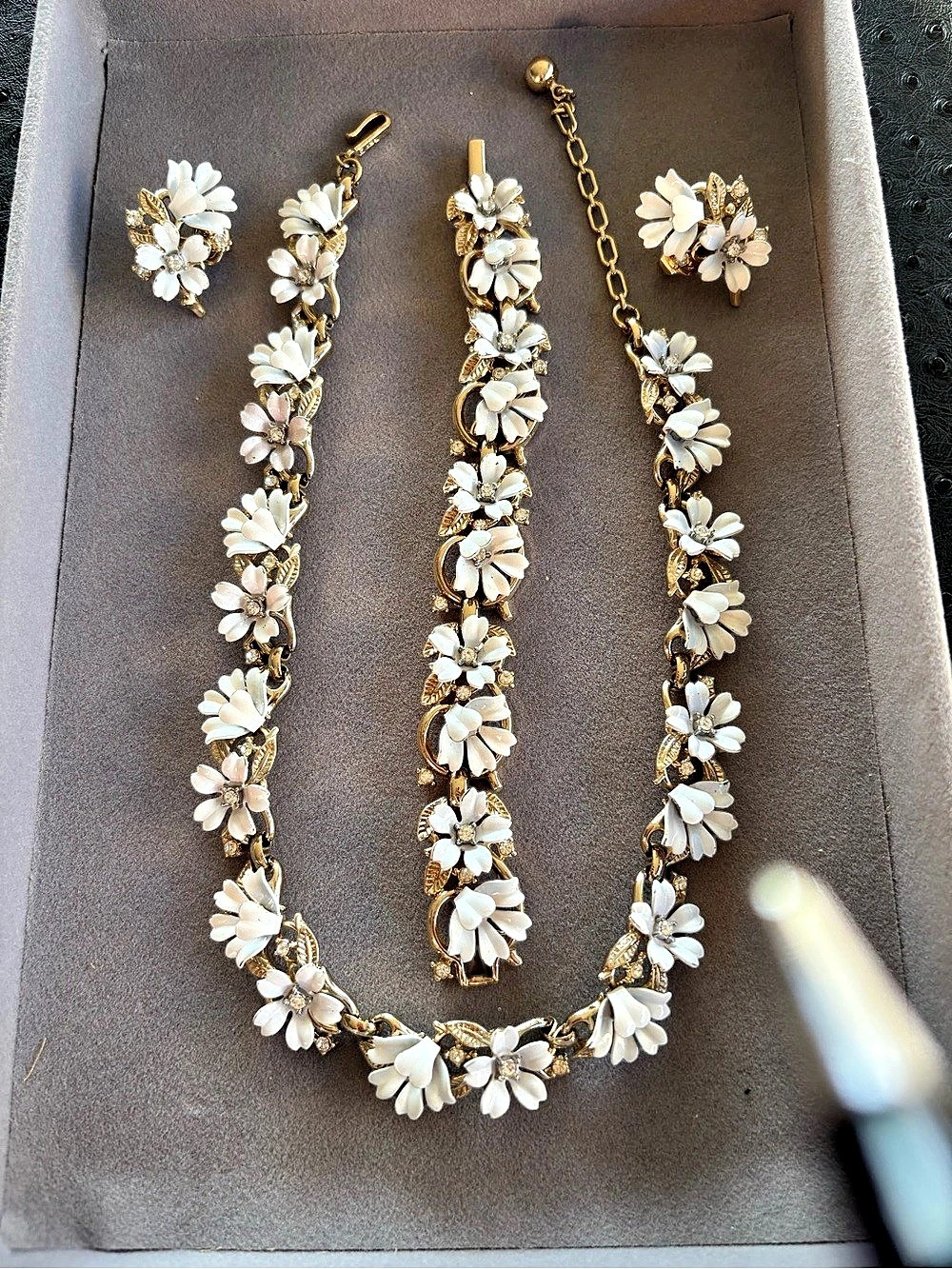 Rare Crown Trifari Floral Jewelry Set in Gold & White
